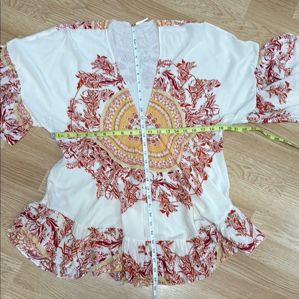 Free People S Cream Orange Boho Bell Sleeve Tunic Top Festival Rayon - Picture 6 of 8